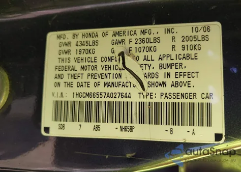 2007 Honda Accord 3.0 Ex z USA, uszkodzony, nr VIN 1HGCM66557A027644